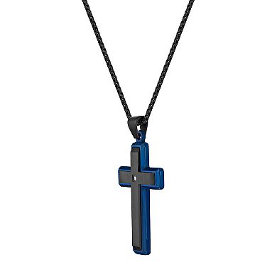 Men's LYNX Blue & Black Ion-Plated Stainless Steel Diamond Accent Cross Pendant Necklace