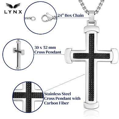 Men's LYNX Stainless Steel Carbon Fiber Cross Pendant Necklace