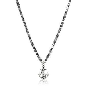 Men's LYNX Black Ion-Plated Stainless Steel & Hematite Bead Chain Anchor Pendant Necklace