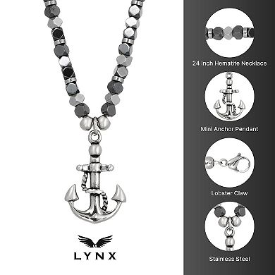 Men's LYNX Black Ion-Plated Stainless Steel & Hematite Bead Chain Anchor Pendant Necklace