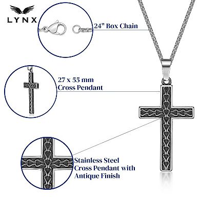 Men's LYNX Antiqued Finish Stainless Steel Cross Pendant Necklace