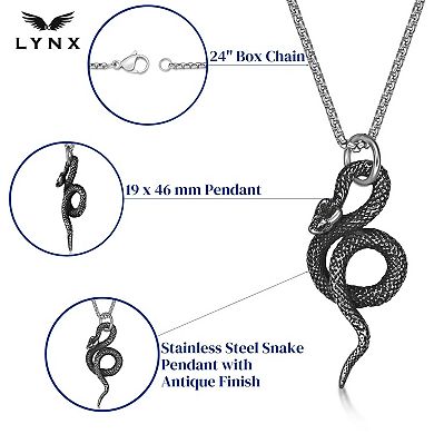 Men's LYNX Antiqued Finish Black Ion-Plated Stainless Steel Snake Pendant Necklace