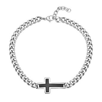 Men's LYNX Black Ion-Plated Stainless Steel Sideways Cross Curb Chain Bracelet