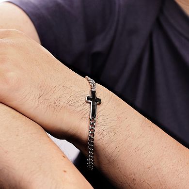 Men's LYNX Black Ion-Plated Stainless Steel Sideways Cross Curb Chain Bracelet