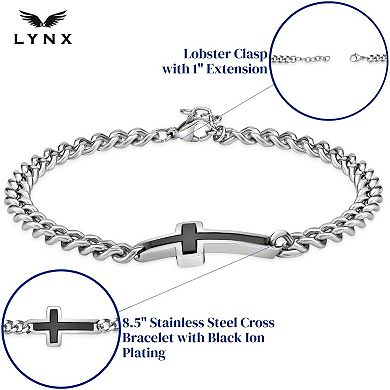 Men's LYNX Black Ion-Plated Stainless Steel Sideways Cross Curb Chain Bracelet