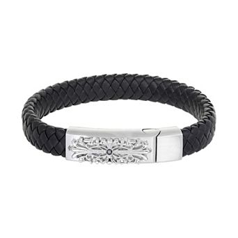 Men's LYNX Stainless Steel Black Diamond Accent Braided Leather Bracelet