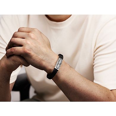 Men's LYNX Stainless Steel Black Diamond Accent Braided Leather Bracelet