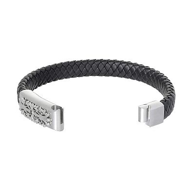 Men's LYNX Stainless Steel Black Diamond Accent Braided Leather Bracelet