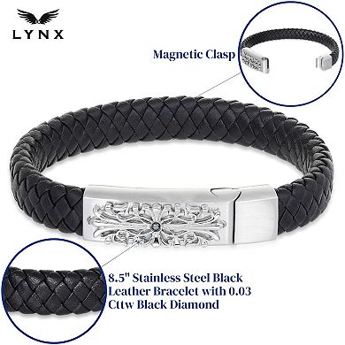 Men's LYNX Stainless Steel Black Diamond Accent Braided Leather Bracelet