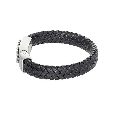 Men's LYNX Stainless Steel Black Diamond Accent Braided Leather Bracelet
