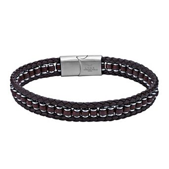 LYNX Men's Stainless Steel Braided Dark Brown Leather Bracelet