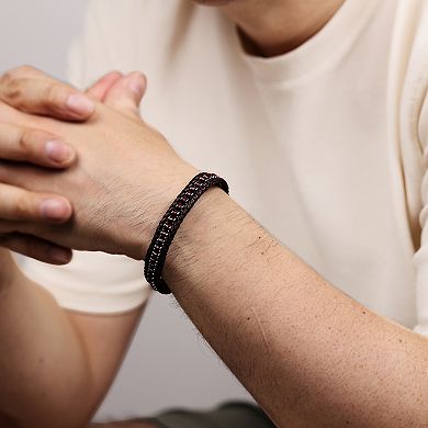 LYNX Men's Stainless Steel Braided Dark Brown Leather Bracelet