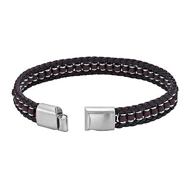 LYNX Men's Stainless Steel Braided Dark Brown Leather Bracelet