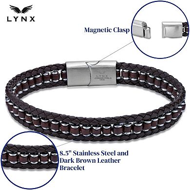 LYNX Men's Stainless Steel Braided Dark Brown Leather Bracelet