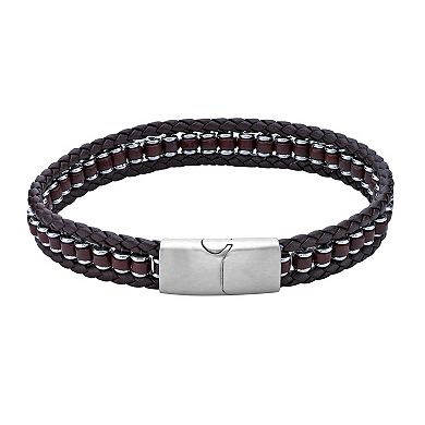 LYNX Men's Stainless Steel Braided Dark Brown Leather Bracelet