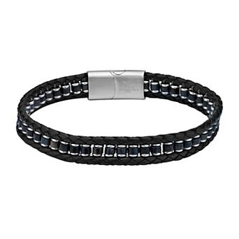 LYNX Men's Stainless Steel Braided Black Leather Bracelet