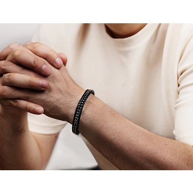 LYNX Men's Stainless Steel Braided Black Leather Bracelet