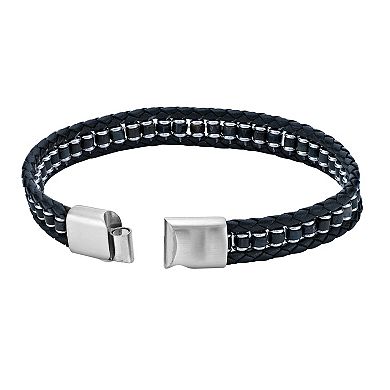 LYNX Men's Stainless Steel Braided Black Leather Bracelet