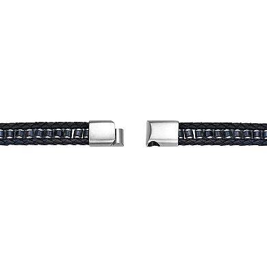 LYNX Men's Stainless Steel Braided Black Leather Bracelet