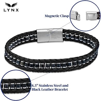 LYNX Men's Stainless Steel Braided Black Leather Bracelet