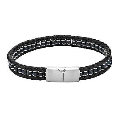 LYNX Men's Stainless Steel Braided Black Leather Bracelet