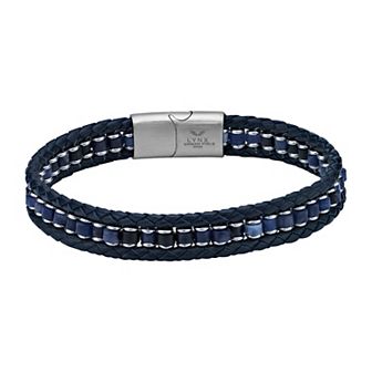 LYNX Men's Stainless Steel Braided Blue Leather Bracelet