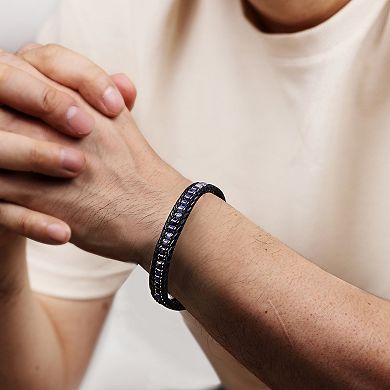 LYNX Men's Stainless Steel Braided Blue Leather Bracelet