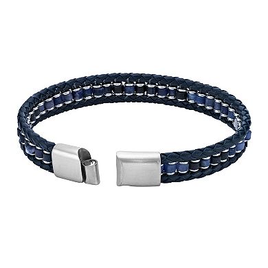 LYNX Men's Stainless Steel Braided Blue Leather Bracelet