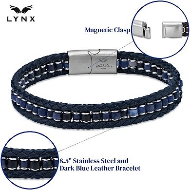 LYNX Men's Stainless Steel Braided Blue Leather Bracelet
