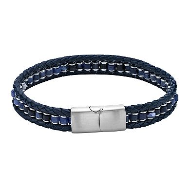 LYNX Men's Stainless Steel Braided Blue Leather Bracelet