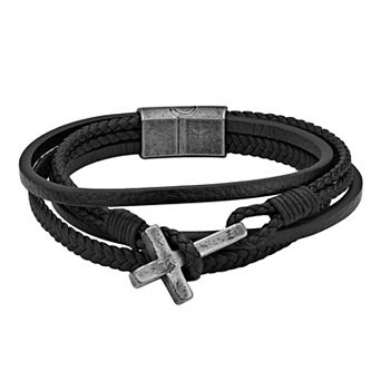 LYNX Men's Antiqued Stainless Steel Multistrand Brown Leather Bracelet