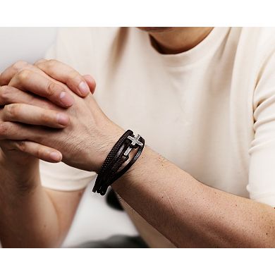 LYNX Men's Antiqued Stainless Steel Multistrand Brown Leather Bracelet