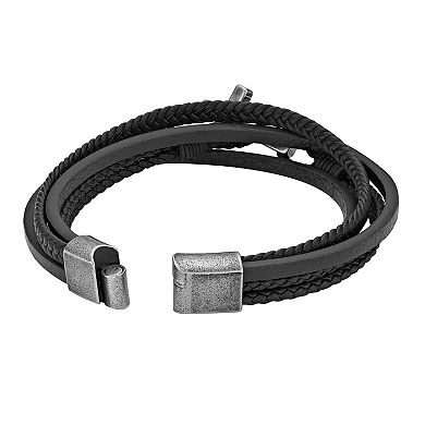 LYNX Men's Antiqued Stainless Steel Multistrand Brown Leather Bracelet