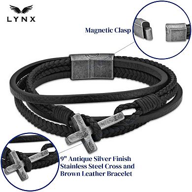 LYNX Men's Antiqued Stainless Steel Multistrand Brown Leather Bracelet