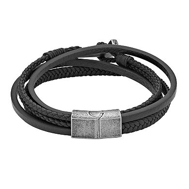 LYNX Men's Antiqued Stainless Steel Multistrand Brown Leather Bracelet