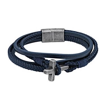 LYNX Men's Antiqued Stainless Steel Multistrand Blue Leather Bracelet