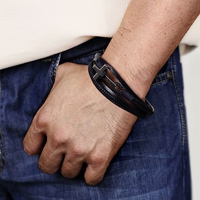 LYNX Men's Antiqued Stainless Steel Multi Blue Leather Bracelet