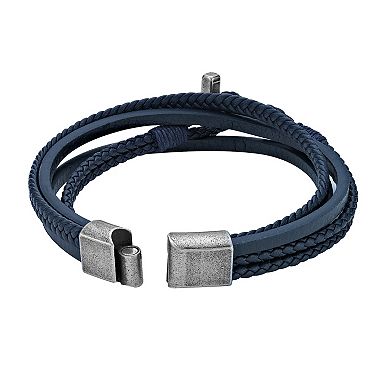 LYNX Men's Antiqued Stainless Steel Multi Blue Leather Bracelet