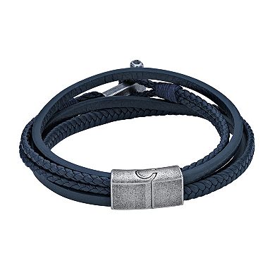 LYNX Men's Antiqued Stainless Steel Multi Blue Leather Bracelet