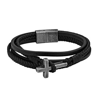 LYNX Men's Antiqued Stainless Steel Multistrand Black Leather Bracelet