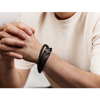 LYNX Men's Antiqued Stainless Steel Multistrand Black Leather Bracelet