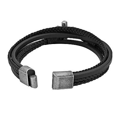 LYNX Men's Antiqued Stainless Steel Multistrand Black Leather Bracelet