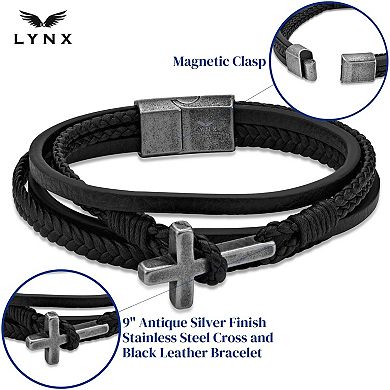 LYNX Men's Antiqued Stainless Steel Multistrand Black Leather Bracelet