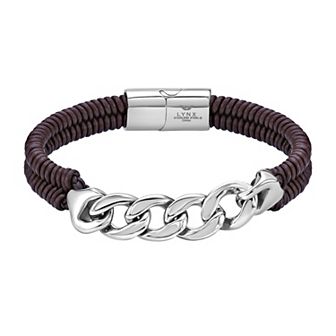 LYNX Men's Stainless Steel Curb Chain & Brown Leather Bracelet