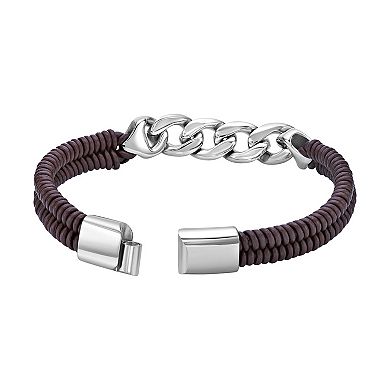 LYNX Men's Stainless Steel Curb Chain & Brown Leather Bracelet