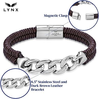 LYNX Men's Stainless Steel Curb Chain & Brown Leather Bracelet