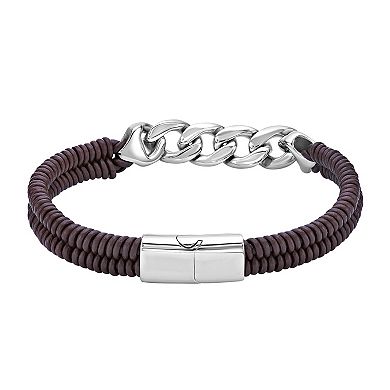 LYNX Men's Stainless Steel Curb Chain & Brown Leather Bracelet