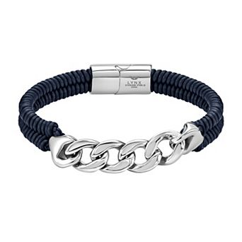 LYNX Men's Stainless Steel Curb Chain & Blue Leather Bracelet