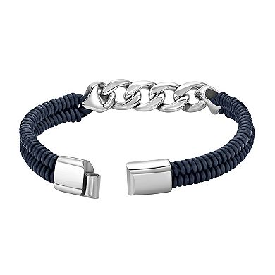 LYNX Men's Stainless Steel Curb Chain & Blue Leather Bracelet