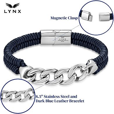 LYNX Men's Stainless Steel Curb Chain & Blue Leather Bracelet
